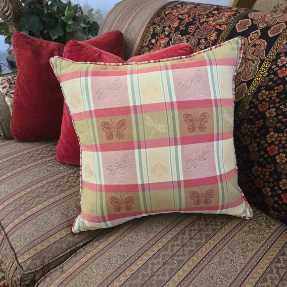 Country Cottage Plaid Accent Pillow  GrannyCore VTG 90s Yellow Pink Large 18x18 - Picture 16 of 16